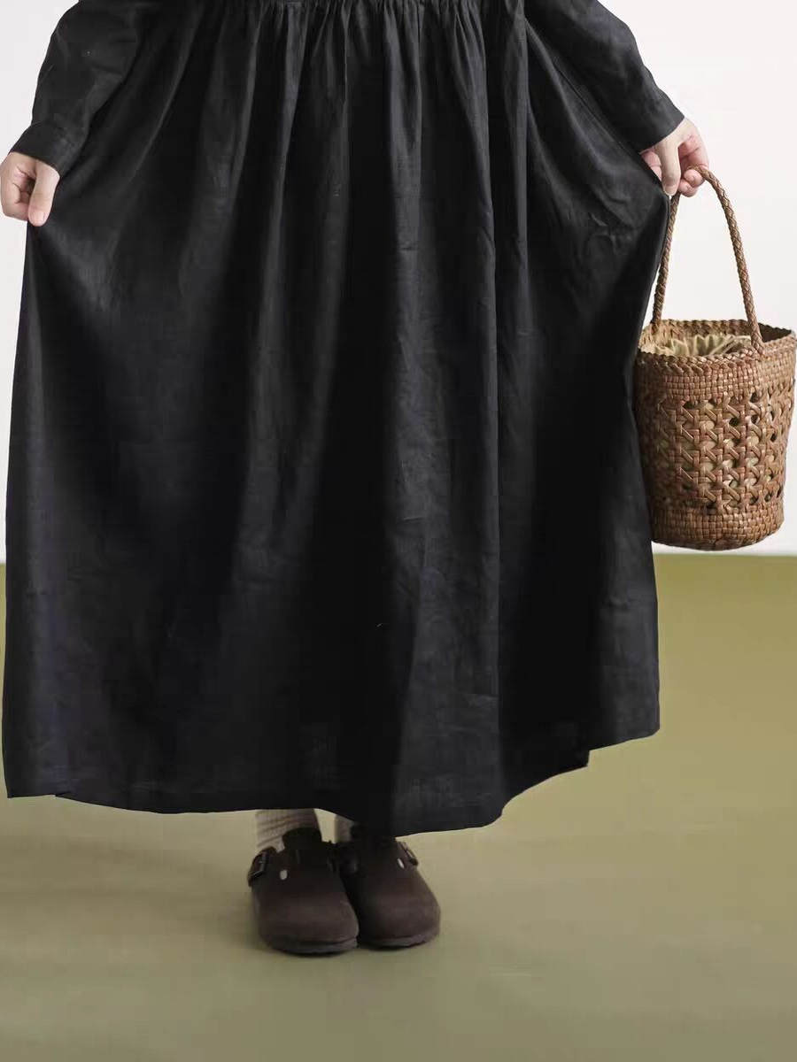 Black Lace Collar Long Sleeve  - Casual Loose Linen Shirt Dress review and price