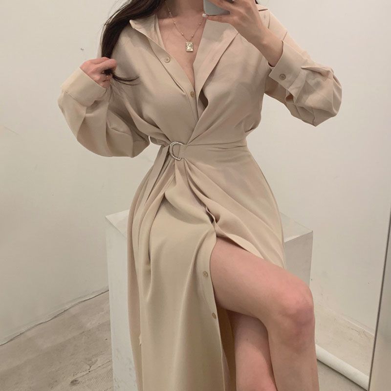 Long Sleeved Lapel Shirt Style - Korean Style A Line Shirt Dress review and price