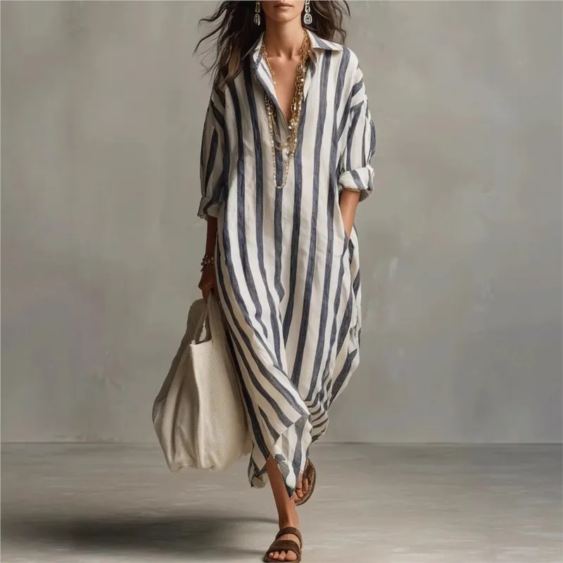 Elegant Turn Down Collar Linen - Casual Loose Linen Shirt Dress review and price