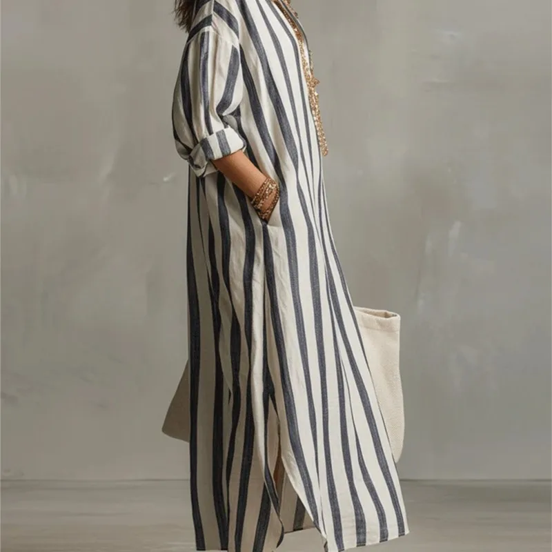 Elegant Turn Down Collar Linen - Casual Loose Linen Shirt Dress review and price